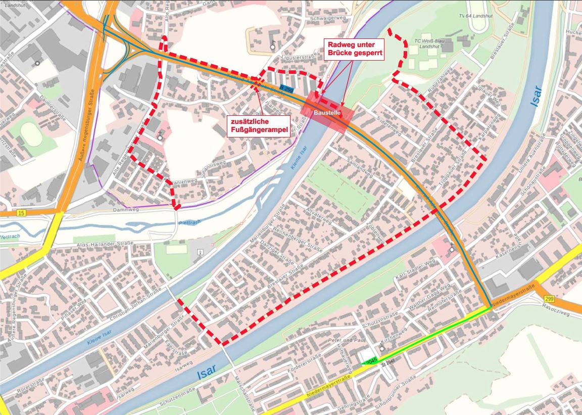 Radfahrer werden großräumig um die Kleine Isarbrücke geleitet Radfahrer werden großräumig um die Kleine Isarbrücke geleitet