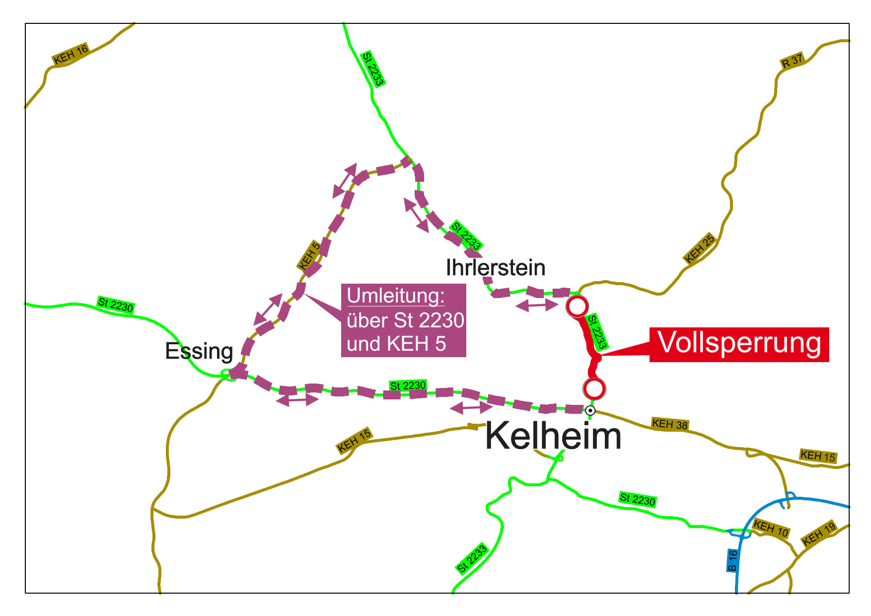 St 2233 Ausbau Kelheim – Ihrlerstein; Bauabschnitt 2 – Umleitungskarte St 2233 Ausbau Kelheim – Ihrlerstein; Bauabschnitt 2 – Umleitungskarte