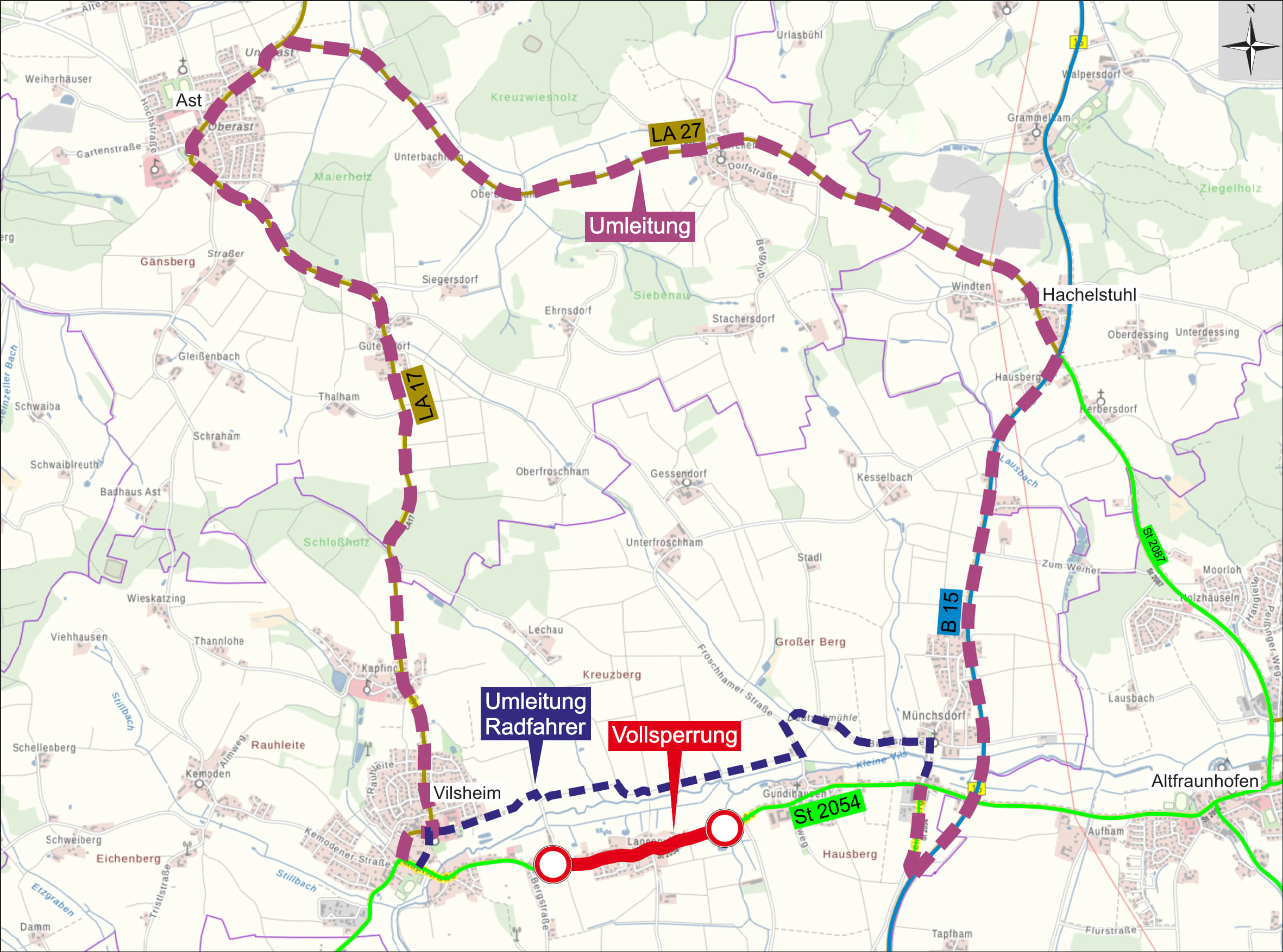 Umleitungsstrecke für die Sperrung der St 2054 Ortsdurchfahrt in Langenvils Umleitungsstrecke für die Sperrung der St 2054 Ortsdurchfahrt in Langenvils