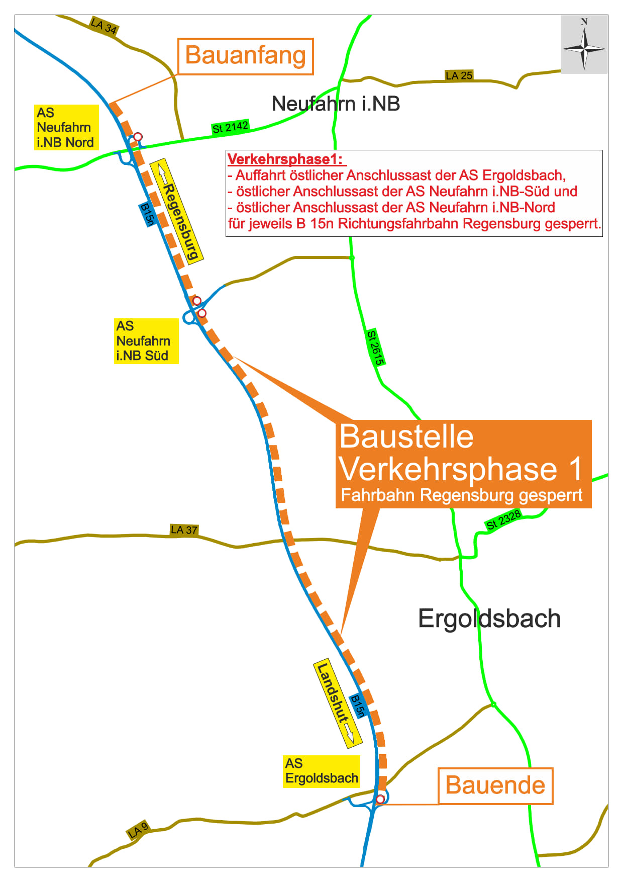 Verkehrsabwicklung Bauphase eins (B 15neu Richtungsfahrbahn Regensburg gesperrt) Verkehrsabwicklung Bauphase eins (B 15neu Richtungsfahrbahn Regensburg gesperrt)