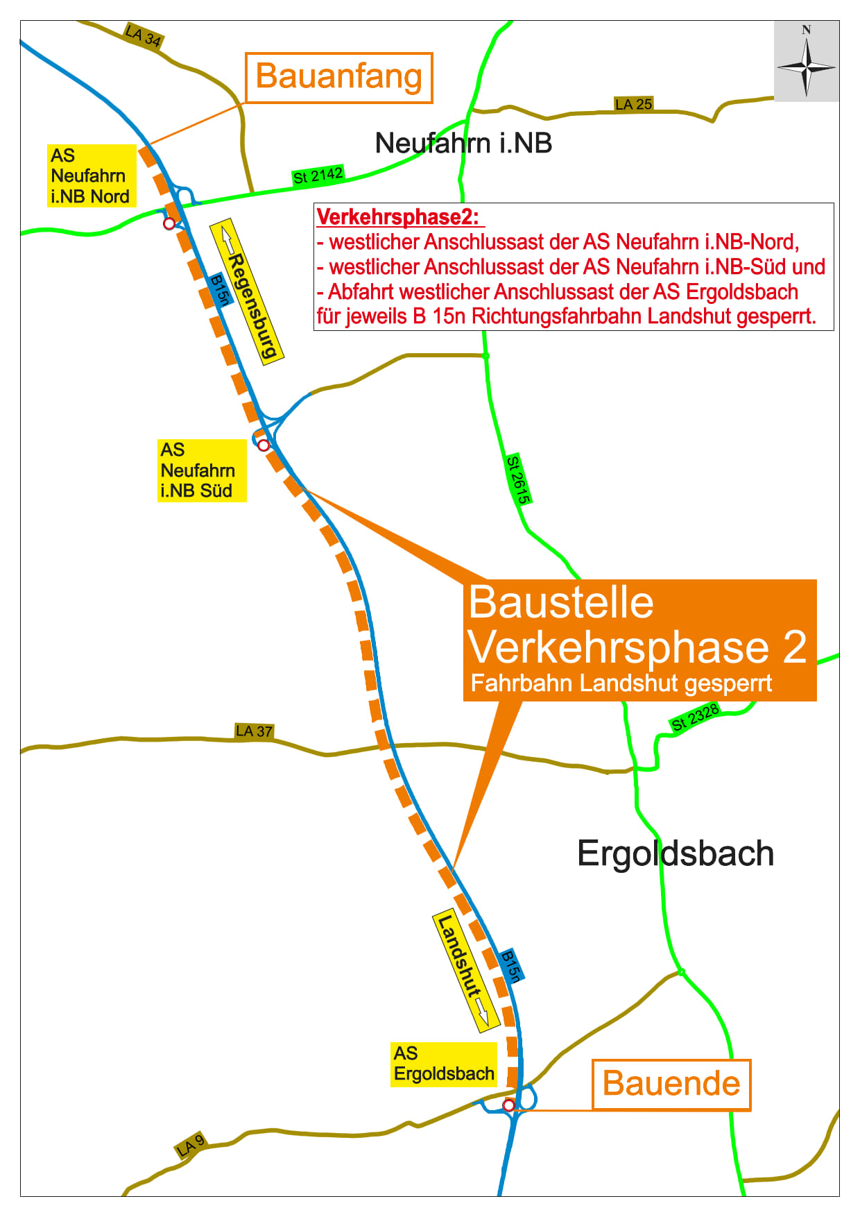Verkehrsabwicklung Bauphase zwei (B 15neu Richtungsfahrbahn Landshut gesperrt) Verkehrsabwicklung Bauphase zwei (B 15neu Richtungsfahrbahn Landshut gesperrt)