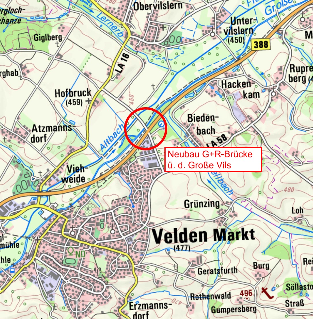 Baustellenkarte zum Neubau der Radwegbrücke über die Große Vils bei Velden Baustellenkarte zum Neubau der Radwegbrücke über die Große Vils bei Velden