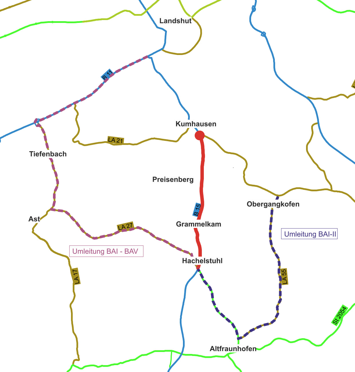 Die Umleitungsstrecke für die Sanierungsarbeiten auf der B 15 zwischen Kumhausen und Hachelstuhl. Die Umleitungsstrecke für die Sanierungsarbeiten auf der B 15 zwischen Kumhausen und Hachelstuhl.