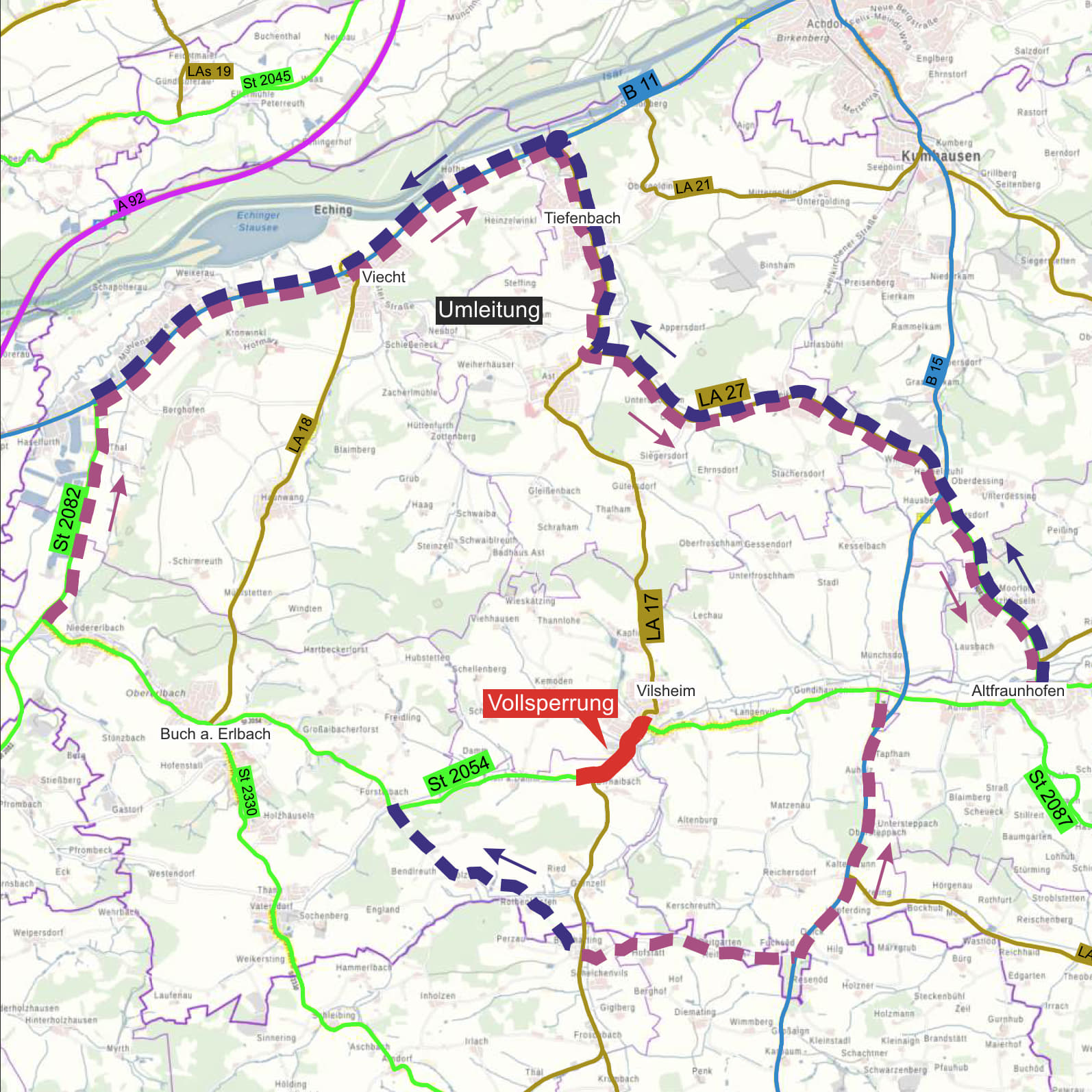Die Umleitungsstrecken für die Sperrung der St 2054 in Vilsheim. Die Umleitungsstrecken für die Sperrung der St 2054 in Vilsheim.