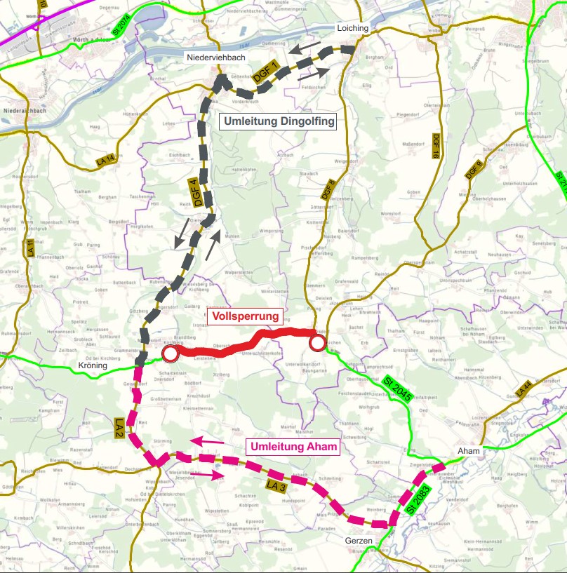 Umleitungskarte zur Sperrung der Staatsstraße 2045 zwischen Kirchberg und Wendelskirchen. Umleitungskarte zur Sperrung der Staatsstraße 2045 zwischen Kirchberg und Wendelskirchen.
