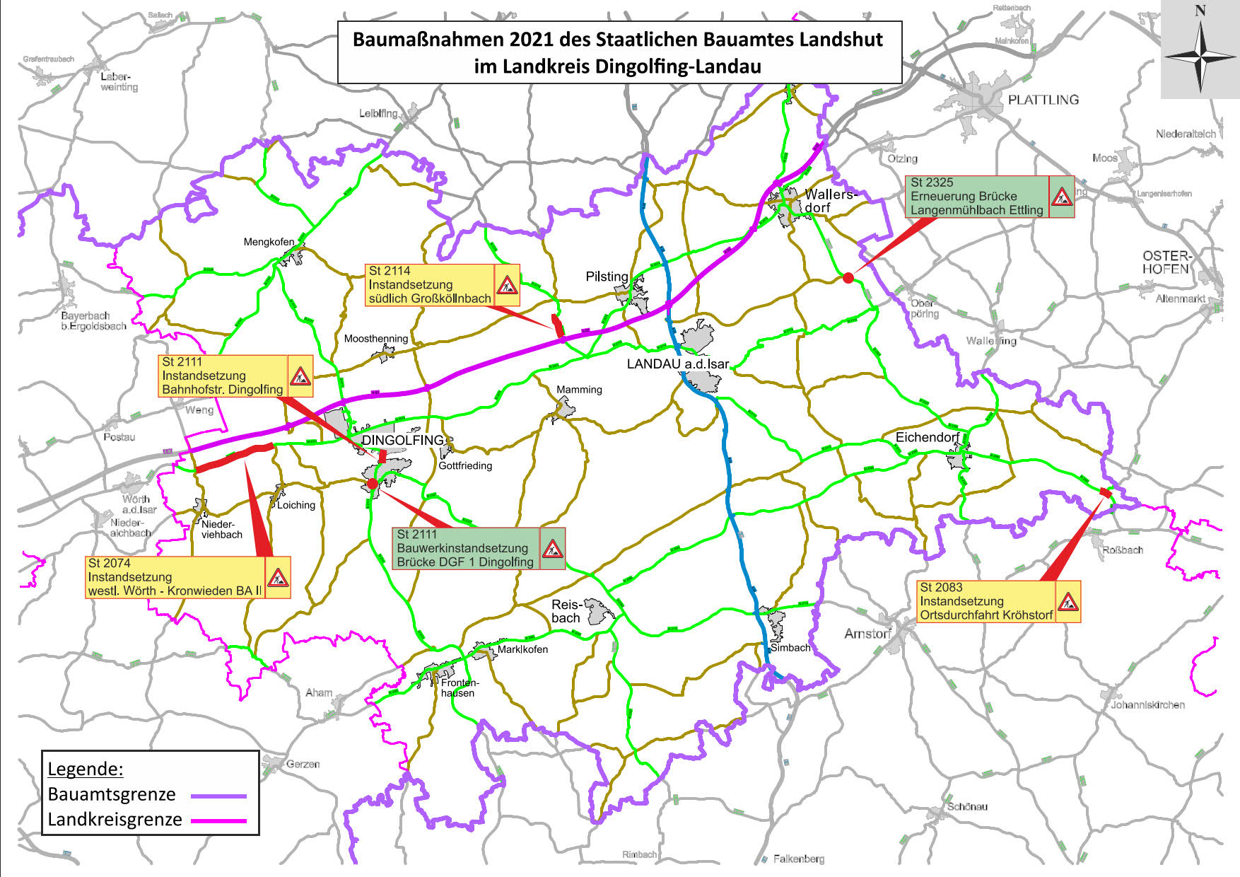 Die Maßnahmen des Staatlichen Bauamts Landshut im Landkreis Dingolfing-Landau im Überblick. Die Maßnahmen des Staatlichen Bauamts Landshut im Landkreis Dingolfing-Landau im Überblick.